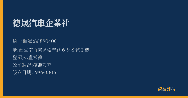 德晟汽車企業社的照片-統編 88890400(臺南市) 公司登記資料與營業項目詳細圖表