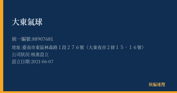 大東氣球的照片-統編 88907681(臺南市) 公司登記資料與營業項目詳細圖表