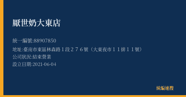 厭世奶大東店的照片-統編 88907850(臺南市) 公司登記資料與營業項目詳細圖表