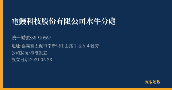 電鰻科技股份有限公司水牛分處的照片-統編 88910567(嘉義縣) 公司登記資料與營業項目詳細圖表