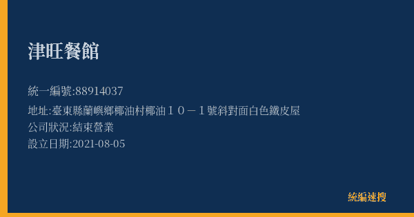 津旺餐館的照片-統編 88914037(臺東縣) 公司登記資料與營業項目詳細圖表