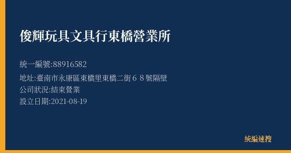 俊輝玩具文具行東橋營業所的照片-統編 88916582(臺南市) 公司登記資料與營業項目詳細圖表