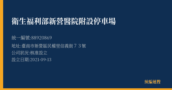 衛生福利部新營醫院附設停車場的照片-統編 88920869(臺南市) 公司登記資料與營業項目詳細圖表
