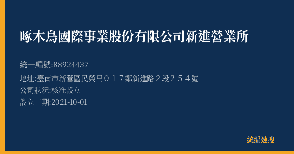 啄木鳥國際事業股份有限公司新進營業所的照片-統編 88924437(臺南市) 公司登記資料與營業項目詳細圖表