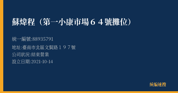 蘇煒程(第一小康市場64號攤位)的照片-統編 88935791(臺南市) 公司登記資料與營業項目詳細圖表