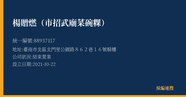 楊贈燃(市招武廟菜碗粿)的照片-統編 88937117(臺南市) 公司登記資料與營業項目詳細圖表