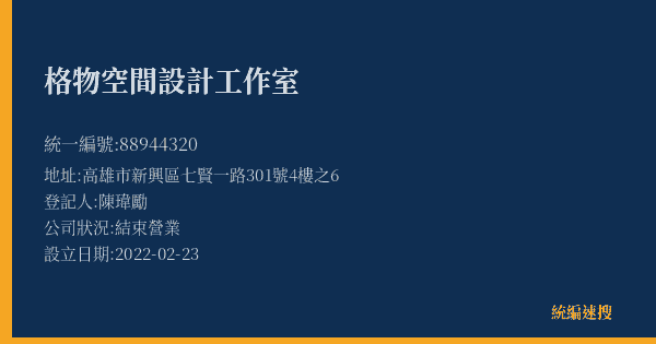 格物空間設計工作室的照片-統編 88944320(高雄市) 公司登記資料與營業項目詳細圖表
