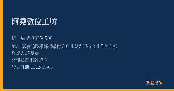 阿堯數位工坊的照片-統編 88956508(嘉義縣) 公司登記資料與營業項目詳細圖表