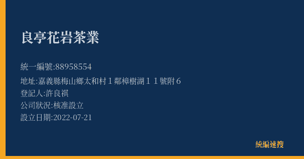 良亭花岩茶業的照片-統編 88958554(嘉義縣) 公司登記資料與營業項目詳細圖表