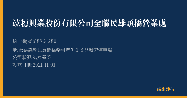 竑穗興業股份有限公司全聯民雄頭橋營業處的照片-統編 88964280(嘉義縣) 公司登記資料與營業項目詳細圖表