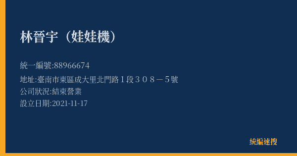 林晉宇(娃娃機)的照片-統編 88966674(臺南市) 公司登記資料與營業項目詳細圖表