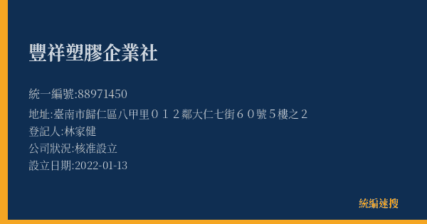 豐祥塑膠企業社的照片-統編 88971450(臺南市) 公司登記資料與營業項目詳細圖表