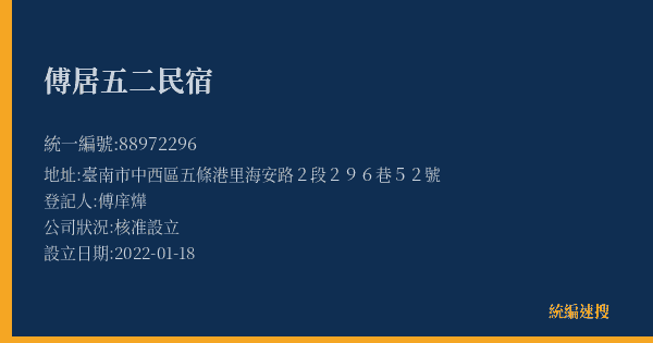 傅居五二民宿的照片-統編 88972296(臺南市) 公司登記資料與營業項目詳細圖表