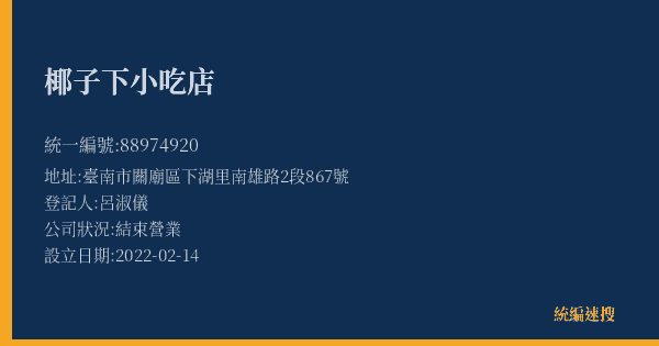 椰子下小吃店的照片-統編 88974920(臺南市) 公司登記資料與營業項目詳細圖表