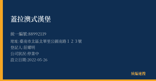蓋拉澳式漢堡的照片-統編 88992119(臺南市) 公司登記資料與營業項目詳細圖表