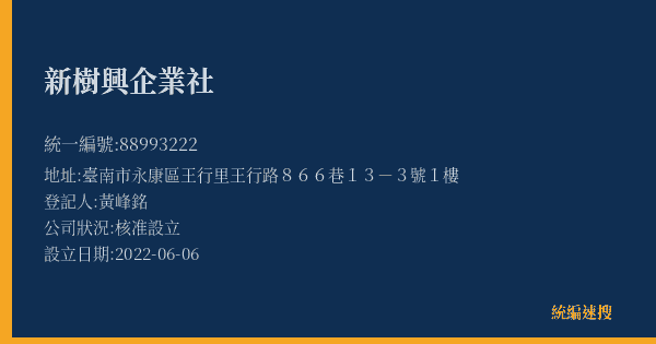 新樹興企業社的照片-統編 88993222(臺南市) 公司登記資料與營業項目詳細圖表