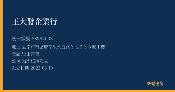王大發企業行的照片-統編 88994003(臺南市) 公司登記資料與營業項目詳細圖表