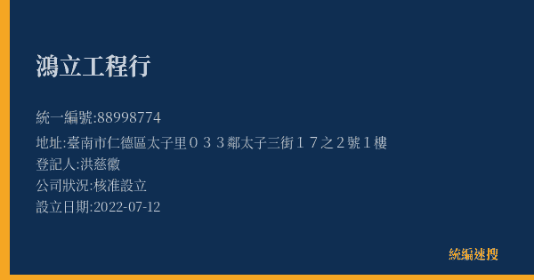 鴻立工程行的照片-統編 88998774(臺南市) 公司登記資料與營業項目詳細圖表