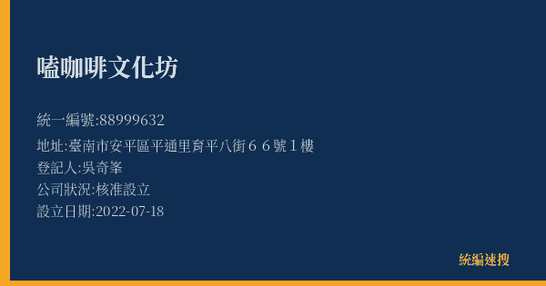 嗑咖啡文化坊的照片-統編 88999632(臺南市) 公司登記資料與營業項目詳細圖表