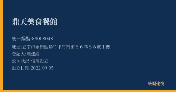 鼎天美食餐館的照片-統編 89008048(臺南市) 公司登記資料與營業項目詳細圖表