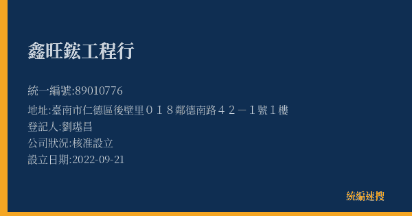 鑫旺鋐工程行的照片-統編 89010776(臺南市) 公司登記資料與營業項目詳細圖表