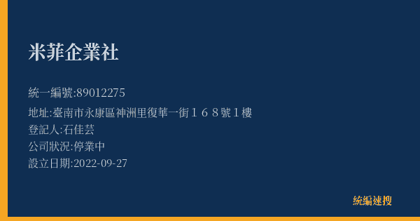 米菲企業社的照片-統編 89012275(臺南市) 公司登記資料與營業項目詳細圖表