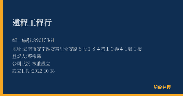 遠程工程行的照片-統編 89015364(臺南市) 公司登記資料與營業項目詳細圖表