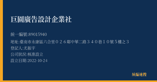 巨園廣告設計企業社的照片-統編 89015940(臺南市) 公司登記資料與營業項目詳細圖表