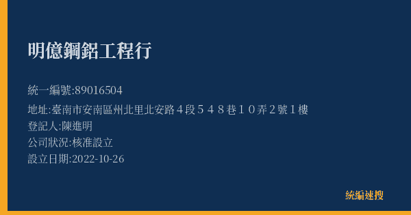 明億鋼鋁工程行的照片-統編 89016504(臺南市) 公司登記資料與營業項目詳細圖表