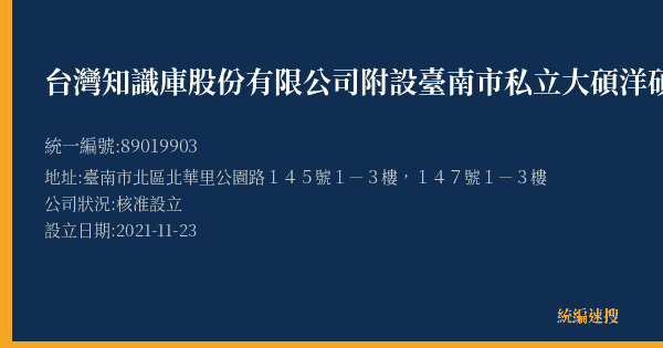 台灣知識庫股份有限公司附設臺南市私立大碩洋碩甄戰文理短期補習班的照片-統編 89019903(臺南市) 公司登記資料與營業項目詳細圖表