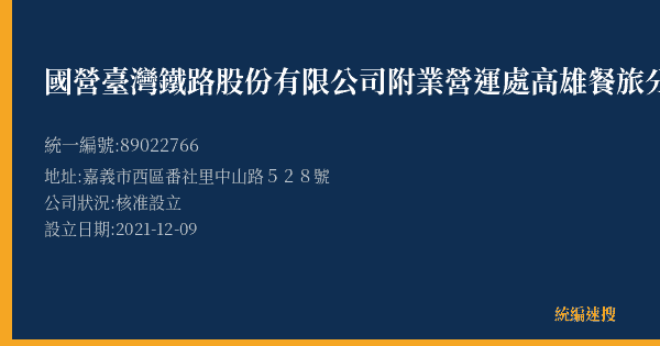 國營臺灣鐵路股份有限公司附業營運處高雄餐旅分處嘉義店的照片-統編 89022766(嘉義市) 公司登記資料與營業項目詳細圖表