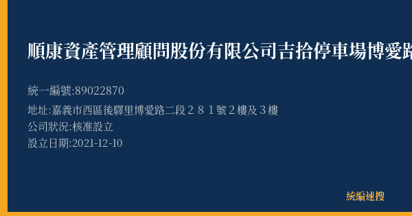順康資產管理顧問股份有限公司吉拾停車場博愛路場的照片-統編 89022870(嘉義市) 公司登記資料與營業項目詳細圖表