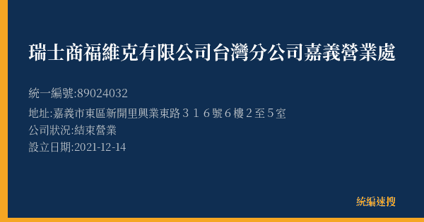 瑞士商福維克有限公司台灣分公司嘉義營業處的照片-統編 89024032(嘉義市) 公司登記資料與營業項目詳細圖表