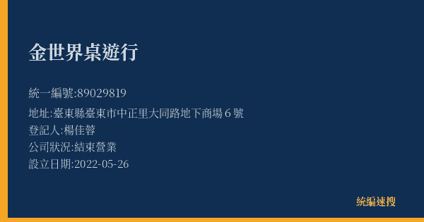 金世界桌遊行的照片-統編 89029819(臺東縣) 公司登記資料與營業項目詳細圖表