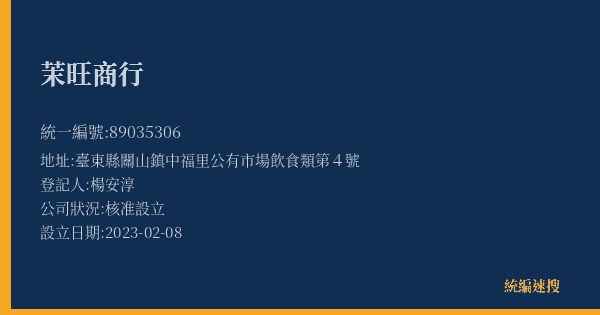 茉旺商行的照片-統編 89035306(臺東縣) 公司登記資料與營業項目詳細圖表