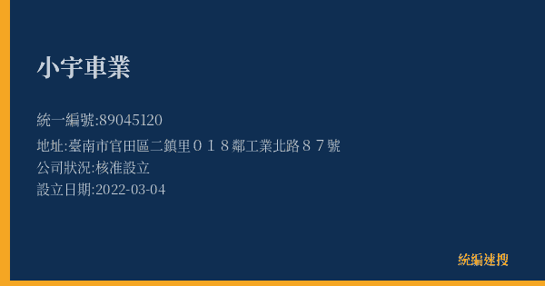 小宇車業的照片-統編 89045120(臺南市) 公司登記資料與營業項目詳細圖表