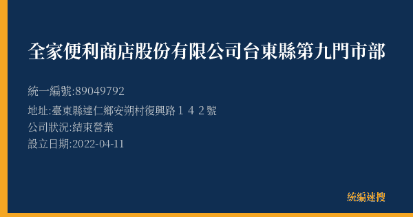 全家便利商店股份有限公司台東縣第九門市部的照片-統編 89049792(臺東縣) 公司登記資料與營業項目詳細圖表