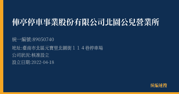 俥亭停車事業股份有限公司北園公兒營業所的照片-統編 89050740(臺南市) 公司登記資料與營業項目詳細圖表