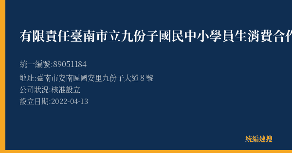 有限責任臺南市立九份子國民中小學員生消費合作社的照片-統編 89051184(臺南市) 公司登記資料與營業項目詳細圖表