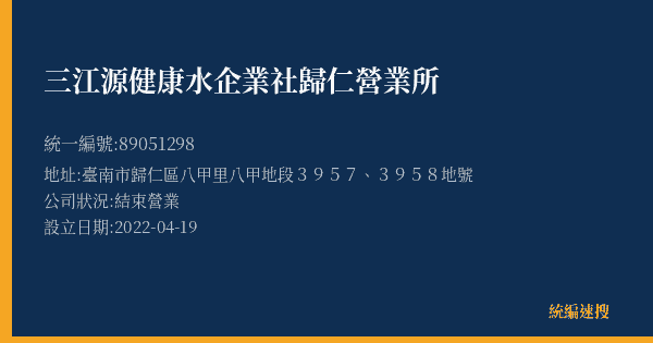 三江源健康水企業社歸仁營業所的照片-統編 89051298(臺南市) 公司登記資料與營業項目詳細圖表