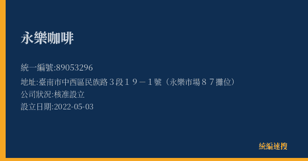 永樂咖啡的照片-統編 89053296(臺南市) 公司登記資料與營業項目詳細圖表