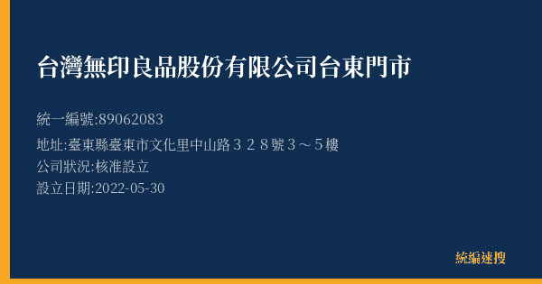 台灣無印良品股份有限公司台東門市的照片-統編 89062083(臺東縣) 公司登記資料與營業項目詳細圖表