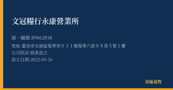 文冠糧行永康營業所的照片-統編 89062838(臺南市) 公司登記資料與營業項目詳細圖表