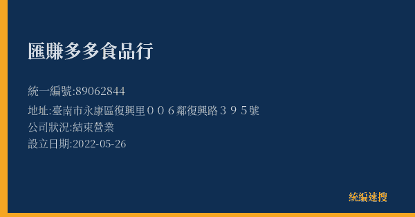 匯賺多多食品行的照片-統編 89062844(臺南市) 公司登記資料與營業項目詳細圖表