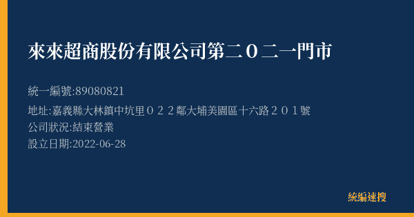 來來超商股份有限公司第二0二一門市的照片-統編 89080821(嘉義縣) 公司登記資料與營業項目詳細圖表