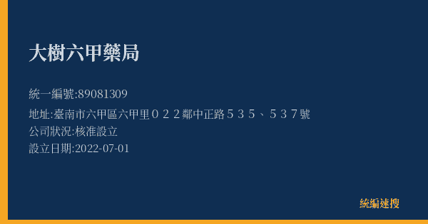 大樹六甲藥局的照片-統編 89081309(臺南市) 公司登記資料與營業項目詳細圖表