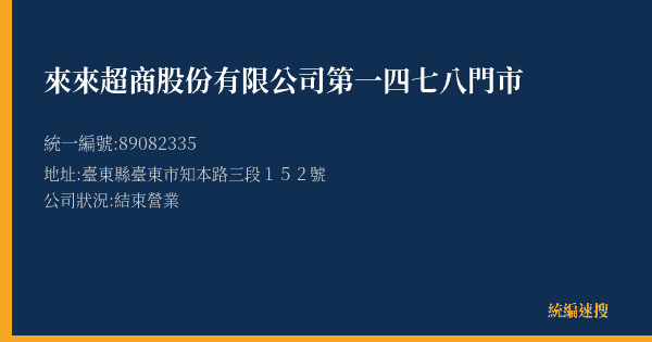 來來超商股份有限公司第一四七八門市的照片-統編 89082335(臺東縣) 公司登記資料與營業項目詳細圖表