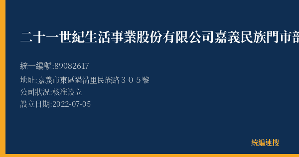 二十一世紀生活事業股份有限公司嘉義民族門市部的照片-統編 89082617(嘉義市) 公司登記資料與營業項目詳細圖表