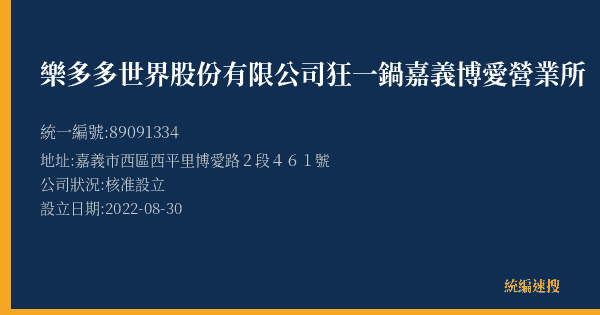 樂多多世界股份有限公司狂一鍋嘉義博愛營業所的照片-統編 89091334(嘉義市) 公司登記資料與營業項目詳細圖表