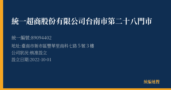 統一超商股份有限公司台南市第二十八門市的照片-統編 89094402(臺南市) 公司登記資料與營業項目詳細圖表